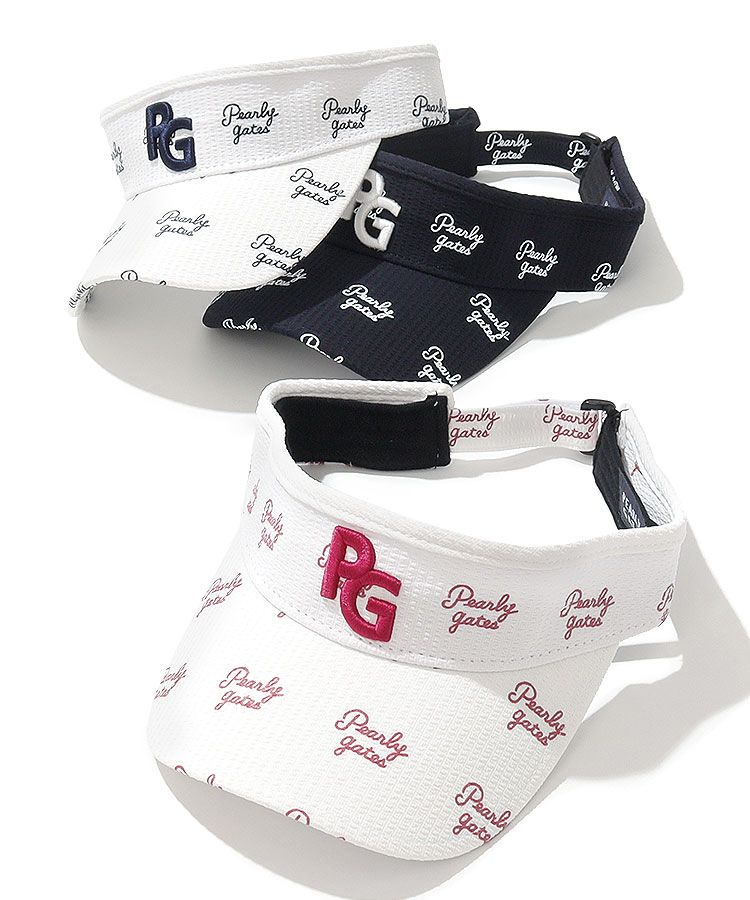 未使用タグ付き パーリーゲイツ 白パンツ PGロゴ入り ゴルフウェア パーリーゲイツ PG 筆記体ロゴ総柄サンバイザー レディース