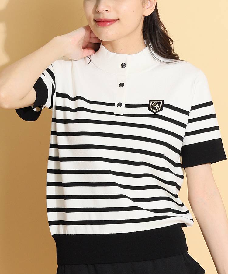 SD ボーダー切替モックネック半袖ニット