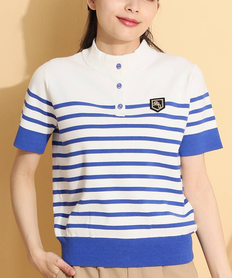 SD ボーダー切替モックネック半袖ニット