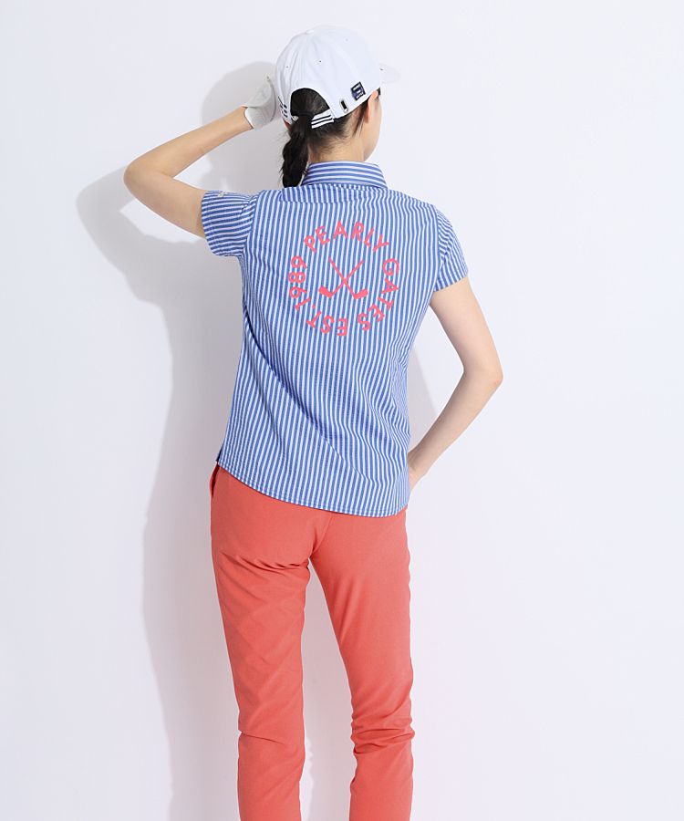 新品♪パーリーゲイツ レディース　ウエア　サラサラ生地　半袖ポロシャツ　１ パーリーゲイツ PG サッカーストライプハイゲージ半袖ポロシャツ