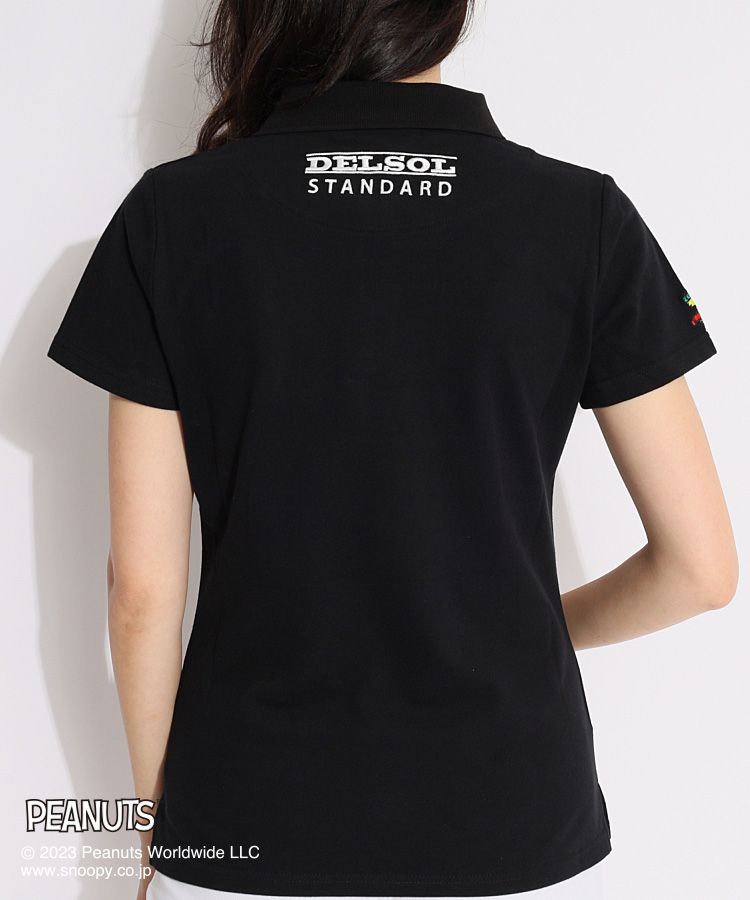 スヌーピー刺繍 ゴルフポロシャツ 黒 デルソルゴルフ DL 【PEANUTS】スヌーピー刺繍半袖ポロシャツ