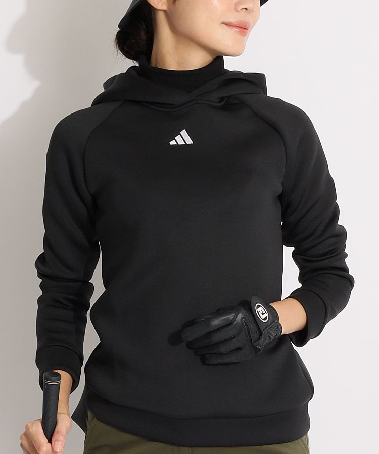 美品アディダスゴルフ エンボスロゴダンボールセットアップ　L アディダスゴルフ AG エンボスロゴダンボールパーカー レディース