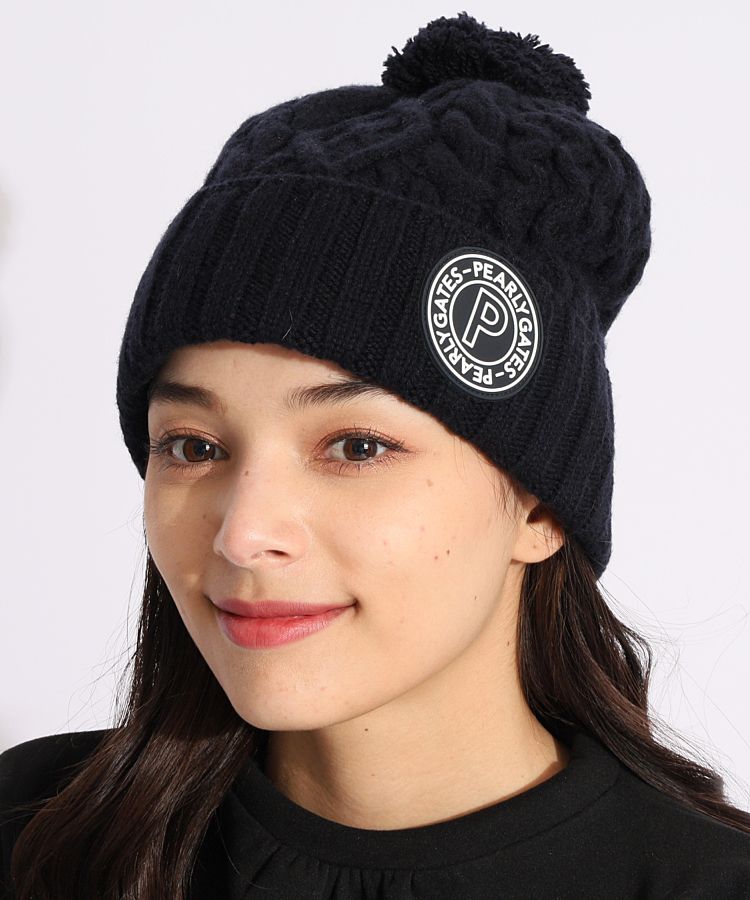 パーリーゲイツ PG ポンポン付きケーブル編みニット帽 レディース