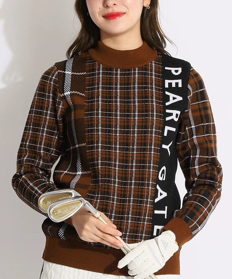 良好 パーリーゲイツ チェック柄コットンカーディガン 赤白黒 Vネック