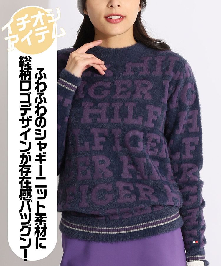 【トミーヒルフィガー】人気シャギーニット×ロゴ総柄 長袖ゴルフニットセーターXL トミーヒルフィガーゴルフ TH 総ロゴボトルネックシャギーニット