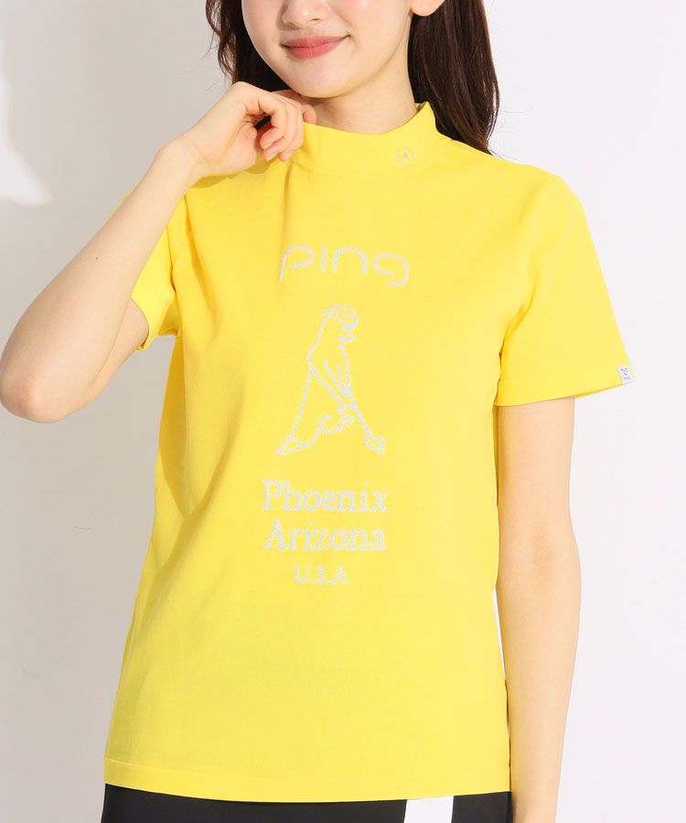 ピン　モックネック半袖シャツ　蛍光イエロー　M　接触涼感　吸水乾　軽量　ロゴ刺繍 PING APPAREL】サライテック二重織半袖ハーフジップハイネック