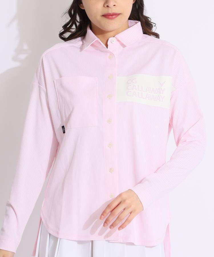 CA 【UPF15】胸プリントストライプ柄長袖ポロシャツ