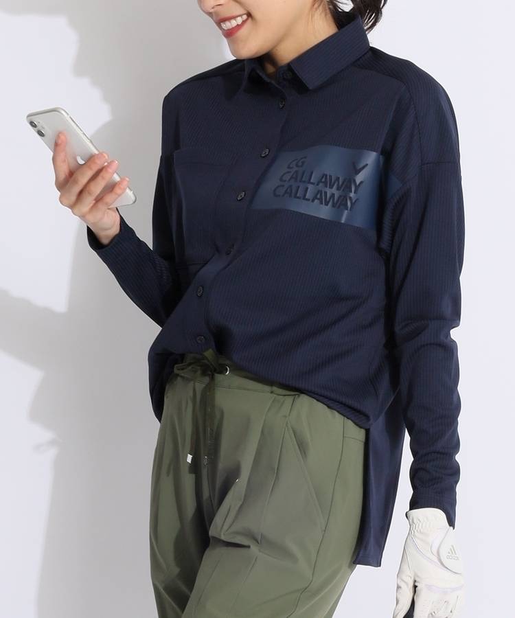 CA 【UPF15】胸プリントストライプ柄長袖ポロシャツ