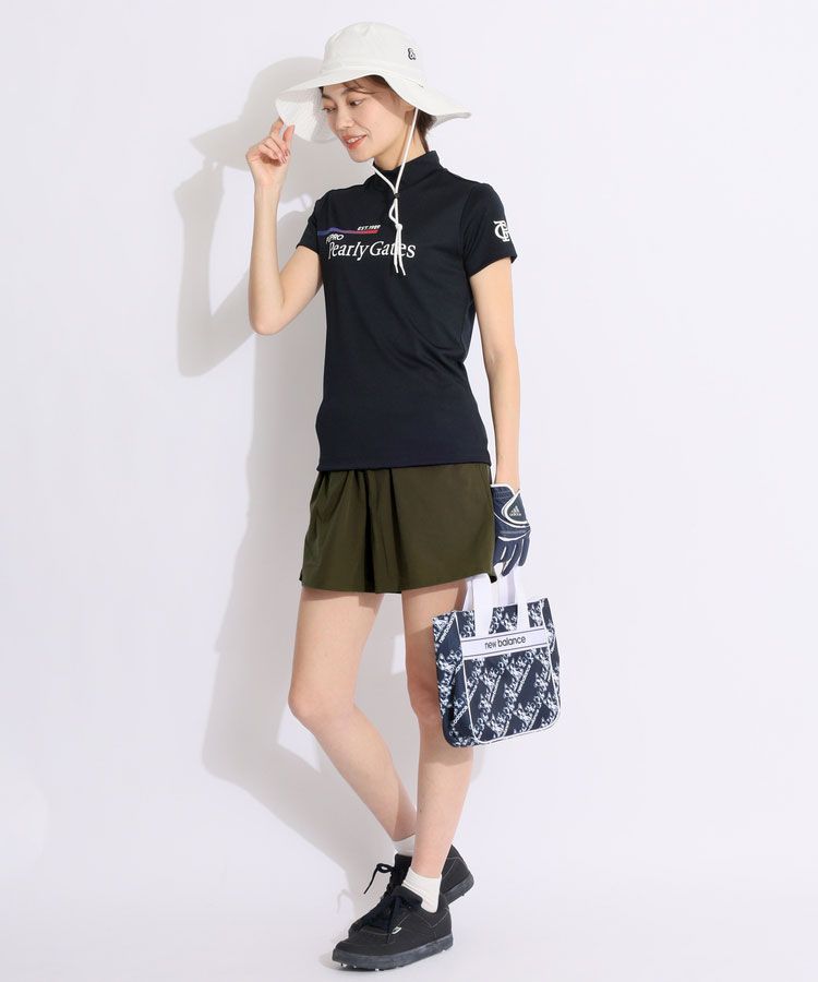 【美品】パーリーゲイツ モックネック 半袖 Tシャツ ゴルフレディース 2 パーリーゲイツ PG ロゴプリントモックネック半袖カットソー