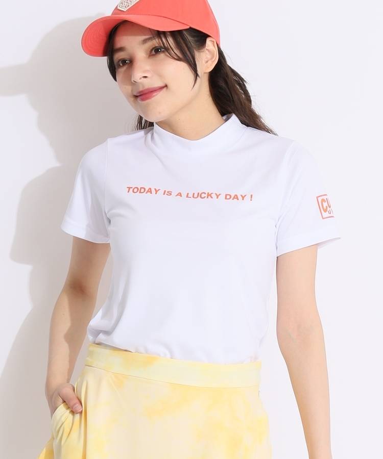 CU 【吸汗速乾】メッセージプリントモックネック半袖カットソー