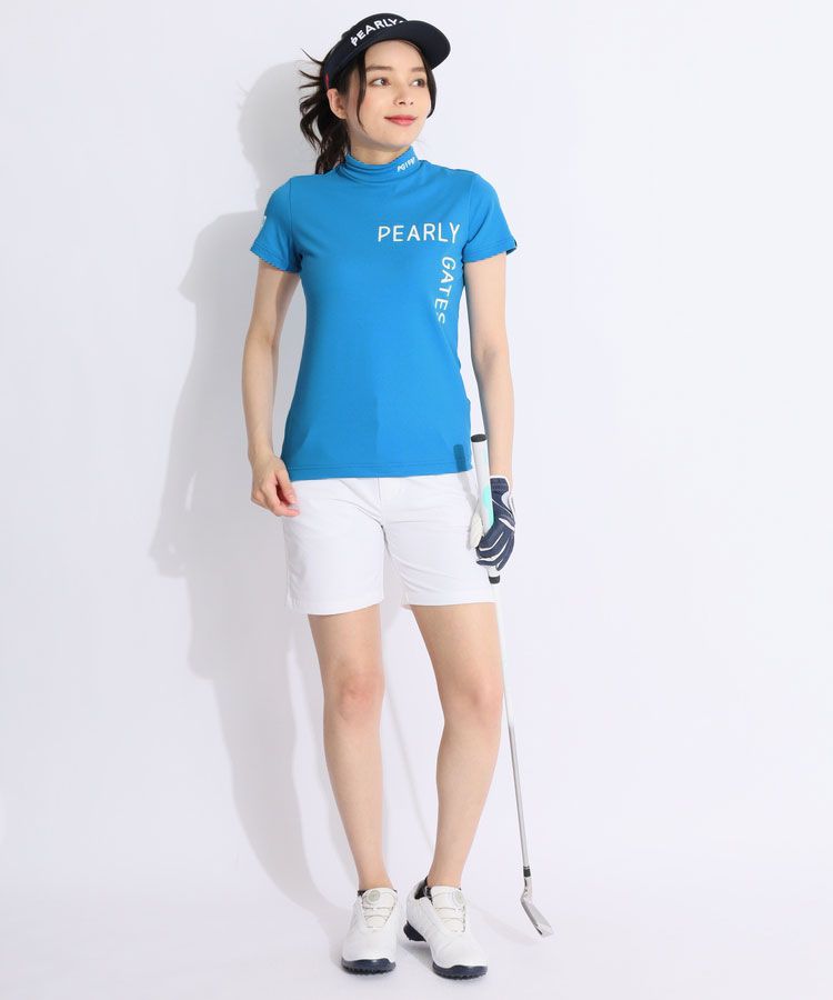 【美品】パーリーゲイツ モックネック 半袖 Tシャツ ゴルフレディース 2 パーリーゲイツ PG ロゴプリントモックネック半袖カットソー