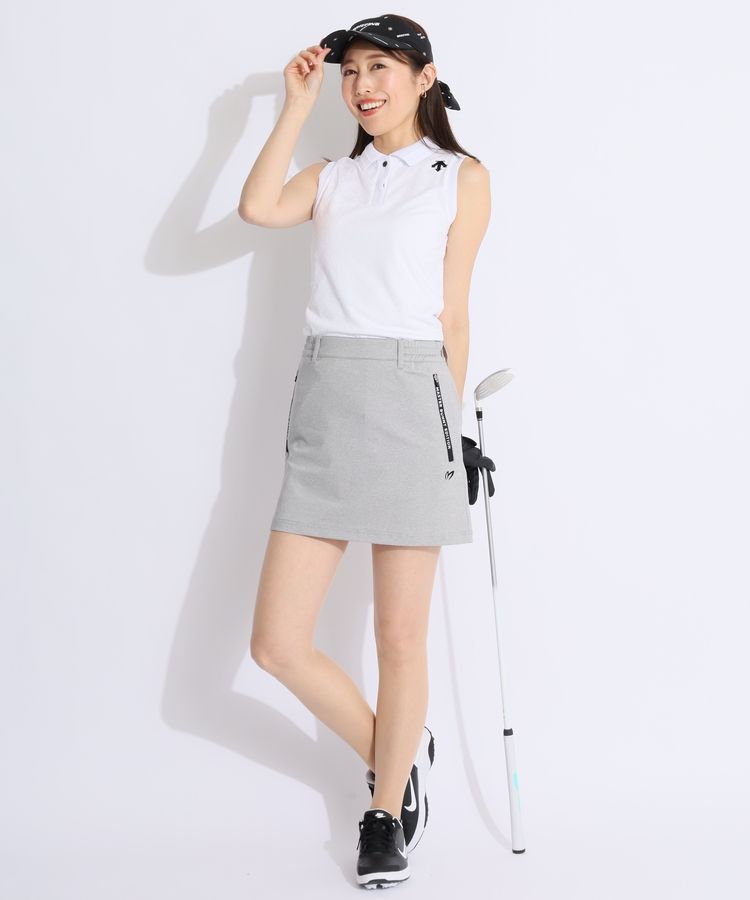 美品　デサントゴルフ レディース ノースリーブ　ネイビー　シャツ　スカート デサントゴルフ DE ジャガードロゴ速乾ノースリーブポロシャツ