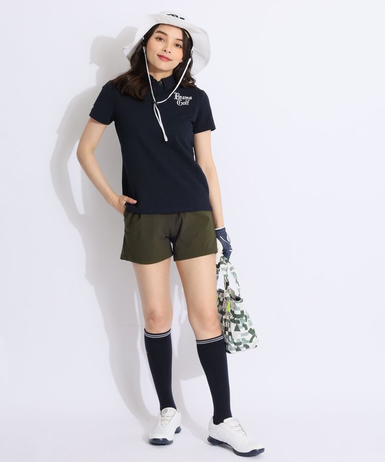 新品　ビームスゴルフ　レディースポロシャツ　黒 BEAMS GOLF ポロシャツ ポロ PURPLE LABEL / 麻混 白襟 ニット