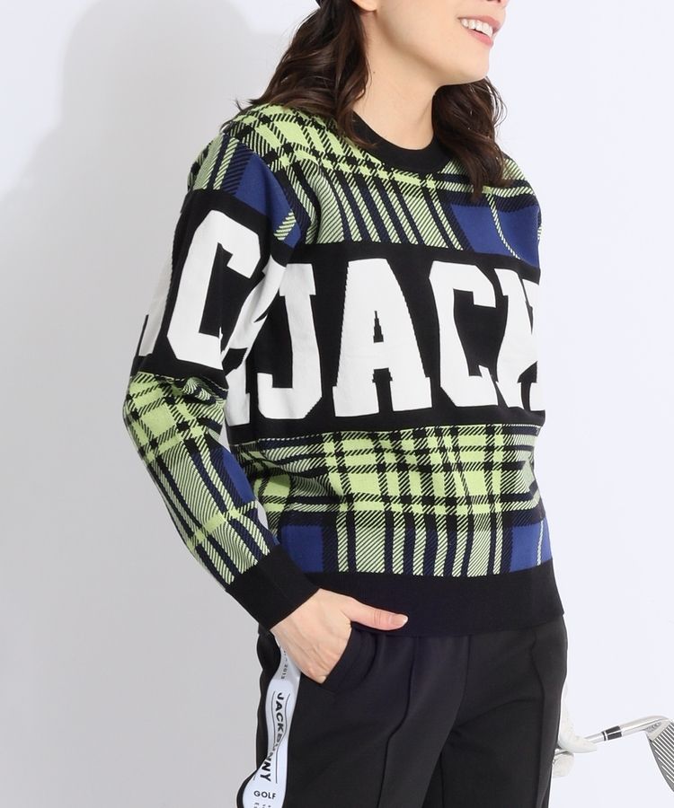 美品　ジャックバニー ニット　セーター　チェック柄　ビッグロゴ ジャックバニー JB グレンチェック柄ビッグロゴクルーネックニット