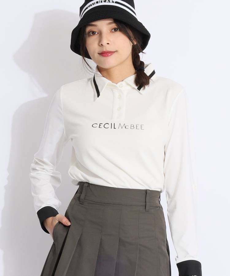 CC 異素材切替ロールアップスリーブ長袖ポロシャツ