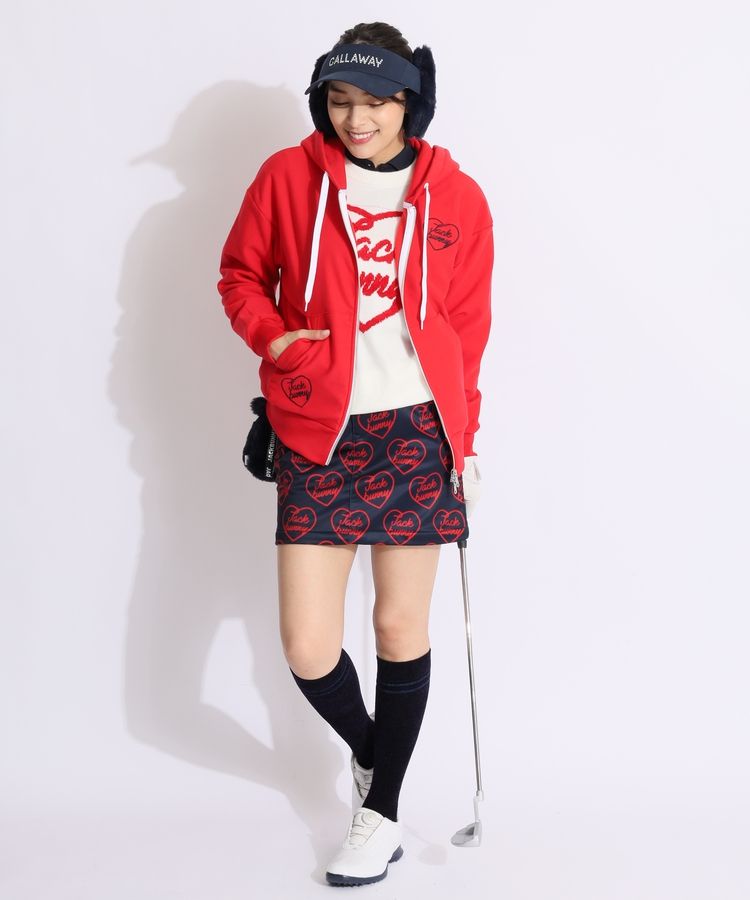 【キャロウェイ】極美品 セットアップ 総柄 裏起毛パーカー スカート S ジャックバニー JB 裏起毛ハートロゴ刺繍ジップアップパーカー