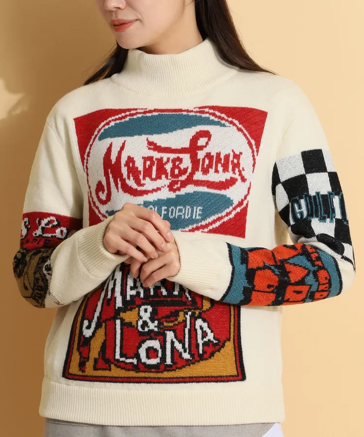 MARK & LONA レディースニット マーク＆ロナ ML ジャガードグラフィックロゴリブモックネック