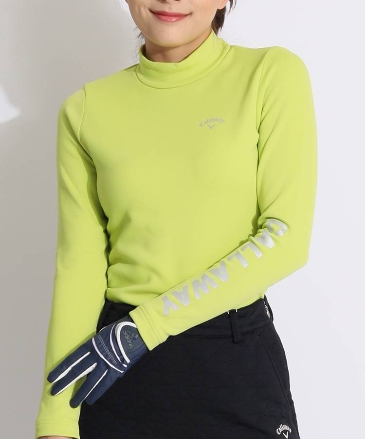 CA 【保温ストレッチ】メタリックスリーブロゴ裏起毛モックネックカットソー