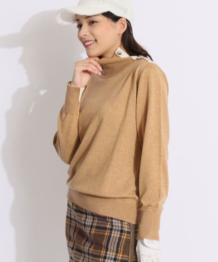 バイカラー切替ネックボタンハイネックニット