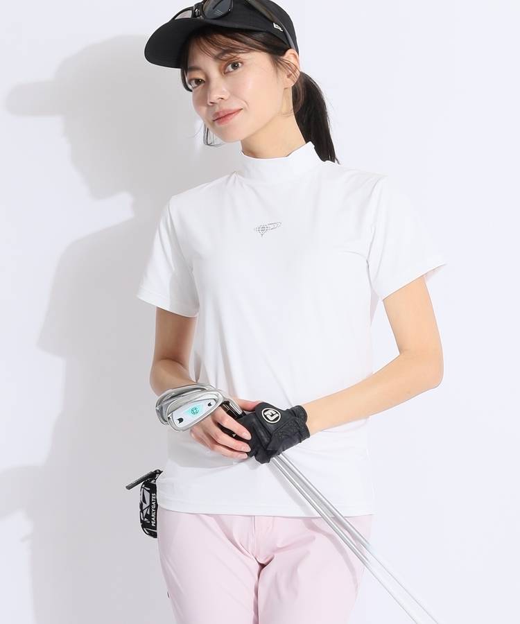 BE 【吸水速乾UV】バックロゴラインモックネック半袖カットソー