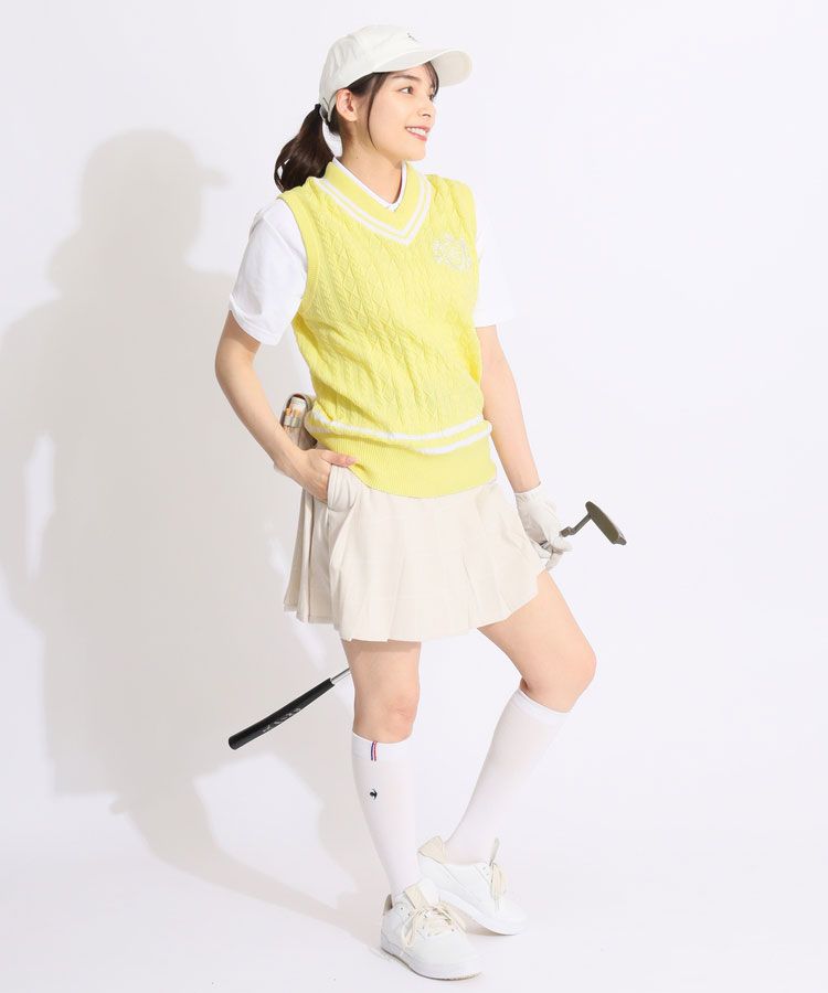 ３点セット【新品】キャロウェイ Vネックベスト 保温 ニット スカート シャツ キャロウェイ CA ケーブル編みVネックニットベスト レディースゴルフ