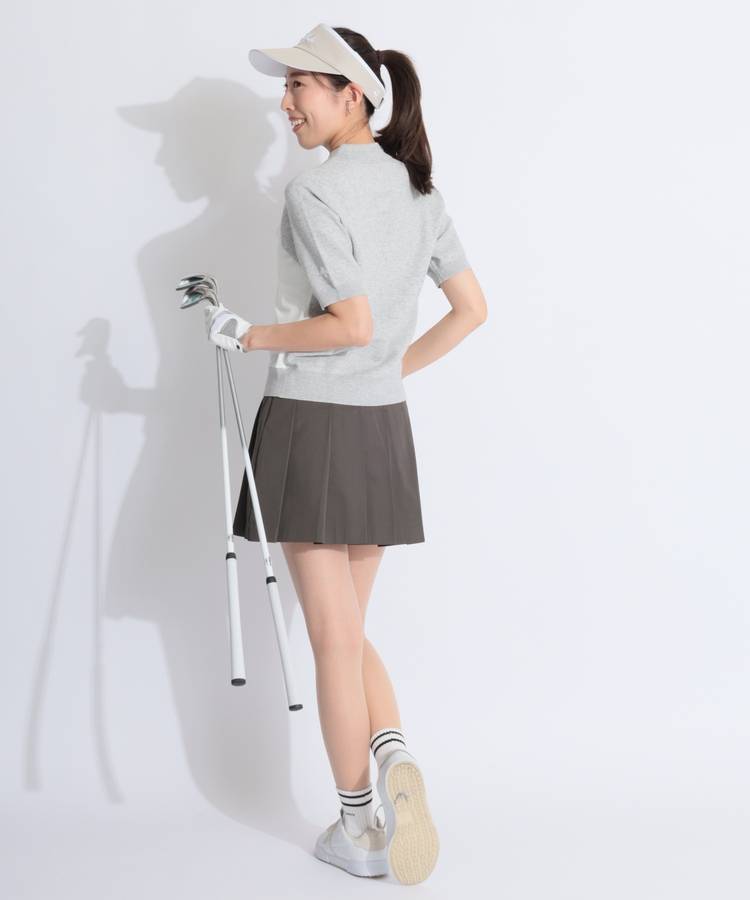 デサントゴルフ　セットアップ　モックネック半袖　スカート　プリーツ　オレンジ　S デサントゴルフ セットアップ モックネック半袖 スカート