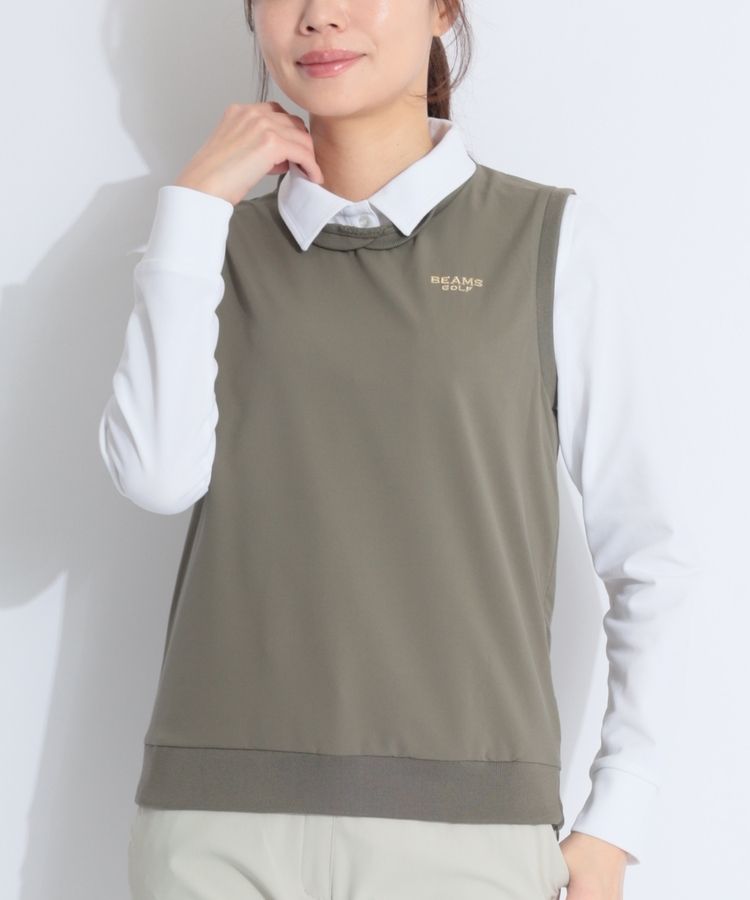 【新品】beams golf 撥水ストレッチオリーブベスト　Lサイズ ビームスゴルフ BE 【撥水ストレッチ】サイドジップクロスVネック