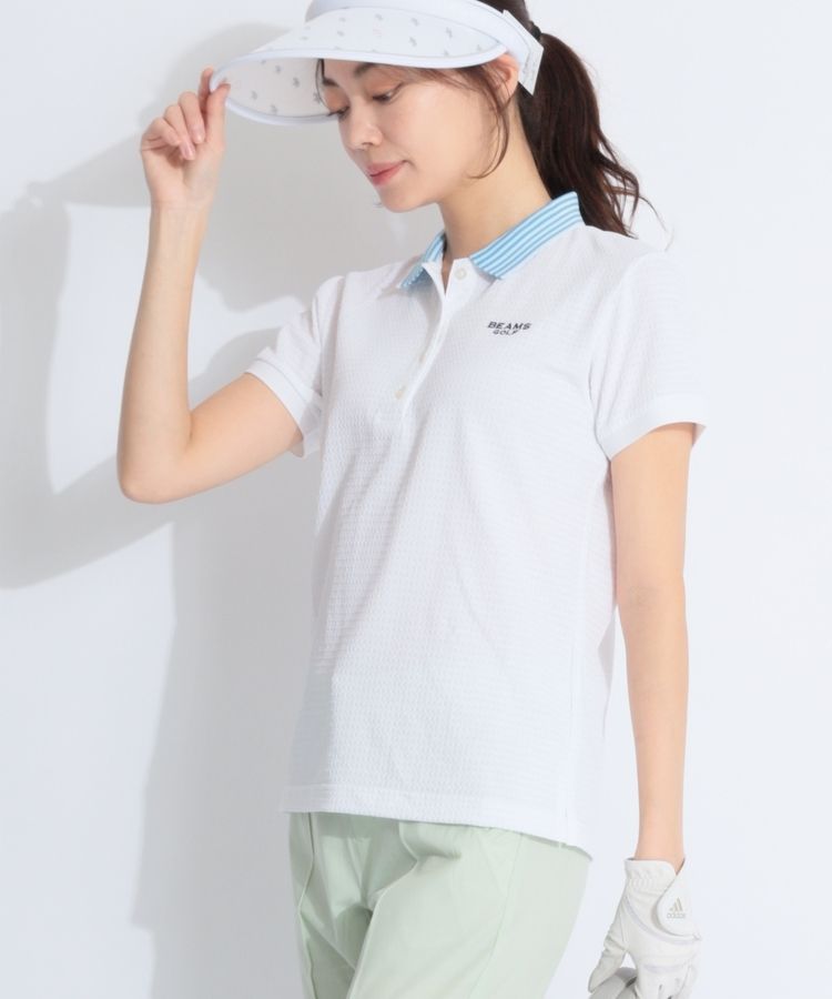 BEAMS GOLF ビームスゴルフ ポロシャツ 半袖 りレディース M BEAMS ビームスゴルフ 半袖ポロシャツ ネイビー×オレンジ 総柄