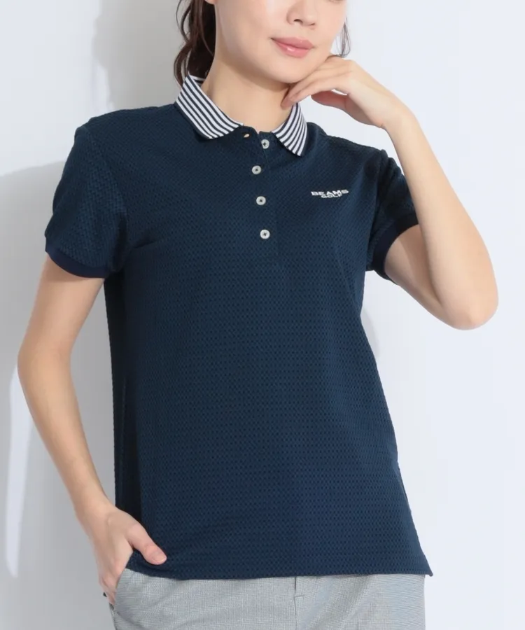 美品✨希少サイズ　ビームスゴルフ　2022年モデル　ポロシャツ　ロゴ　XL 緑 ビームスゴルフ BE 衿裏ロゴデザイン格子柄サッカー半袖
