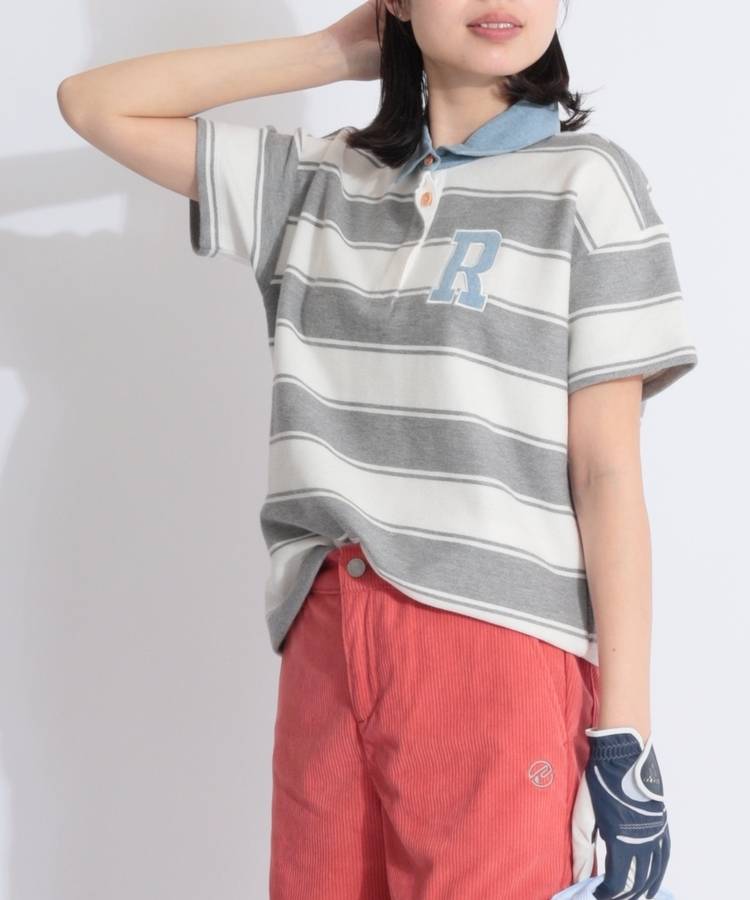RO カノコ編みボーダー半袖ポロシャツ