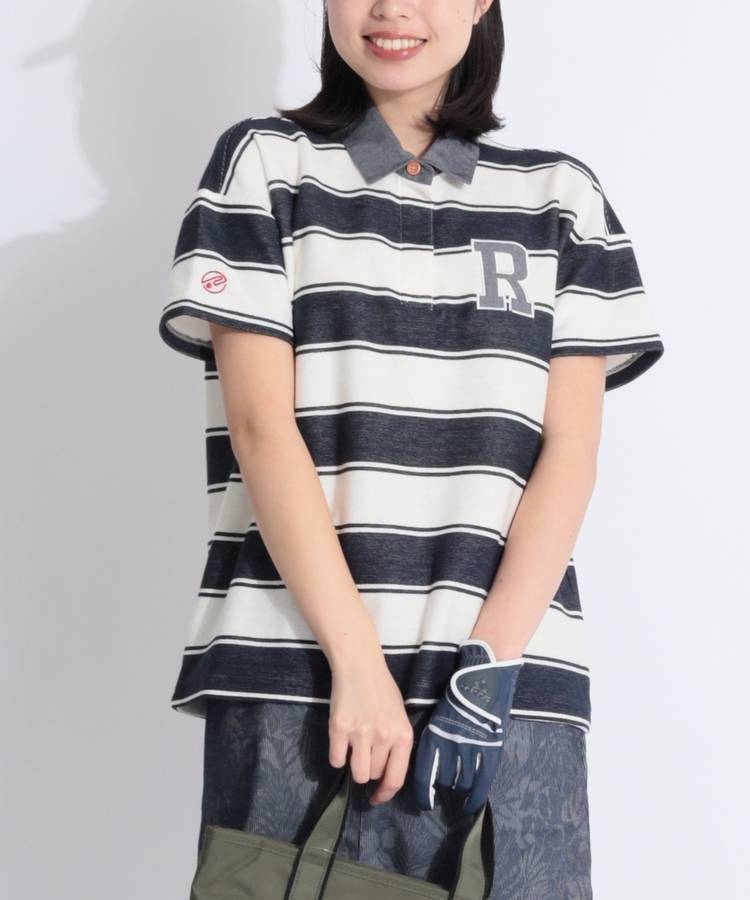 RO カノコ編みボーダー半袖ポロシャツ