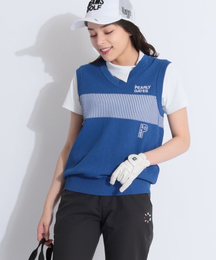 パーリーゲイツ クルーネックニットプルオーバー PGロゴ ストライプ 6 パーリーゲイツ PG ストライプ切替Vネックニットベスト レディース