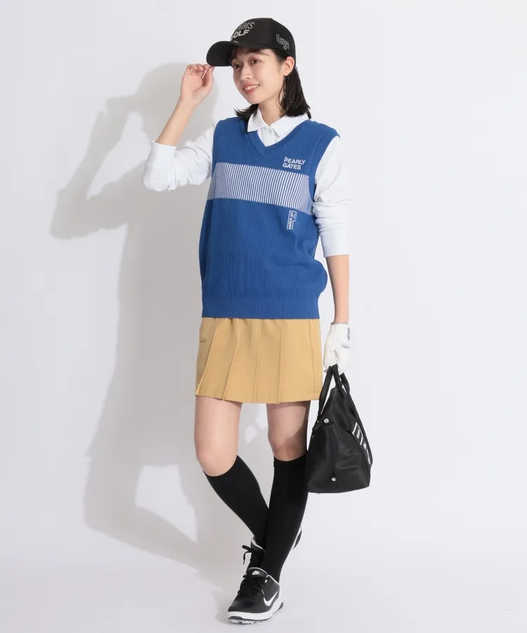 【美品】パーリーゲイツ ダウンベスト キャメル×ブルー レディース　ゴルフウェア パーリーゲイツの春夏ベストを使ったスタイリング・コーディネート