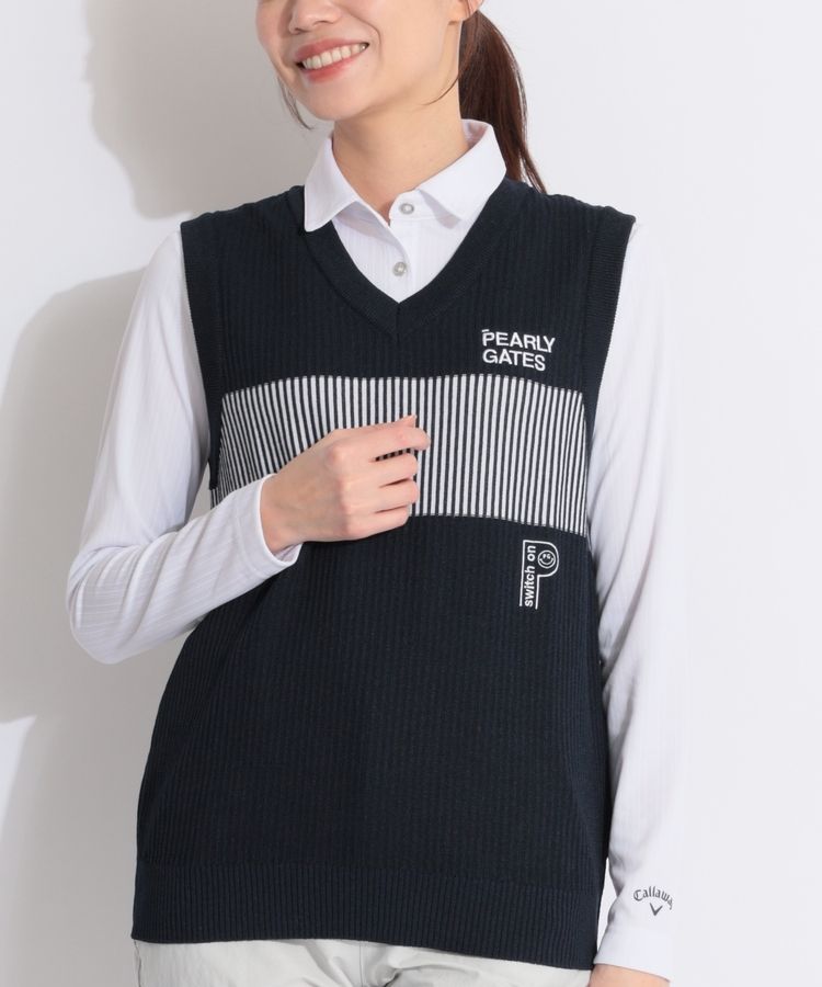 PEARLY GATES ストライプ Vネック ベスト サイズ6 美品最終値下げ パーリーゲイツ PG ストライプ切替Vネックニットベスト レディース