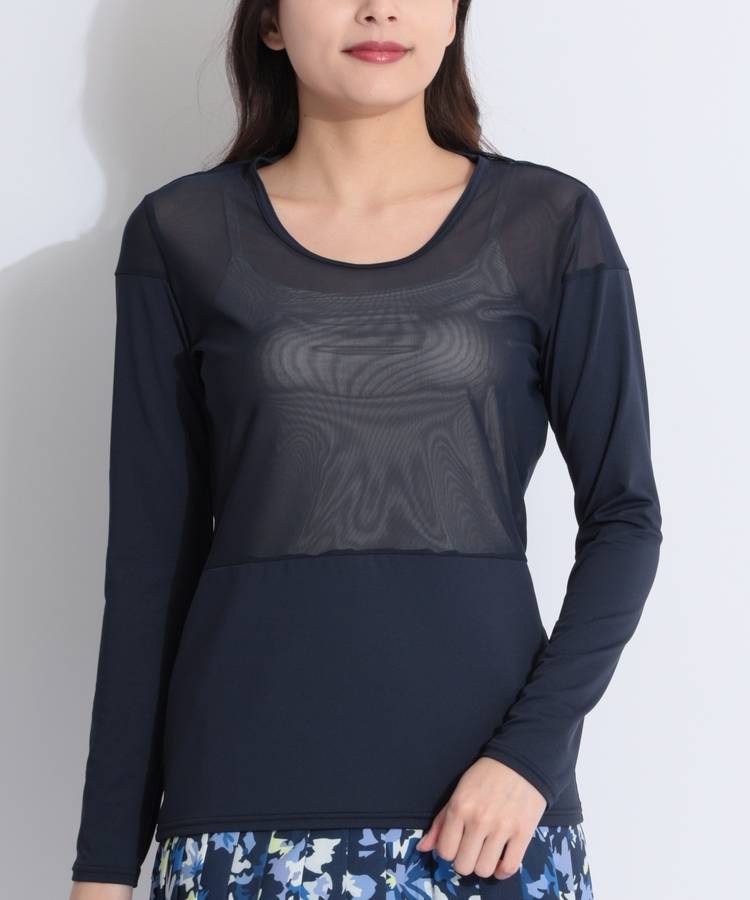 CN 【防虫効果】【冷感UV】メッシュ切替Uネック長袖インナー