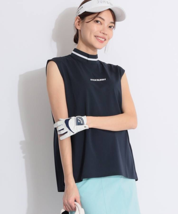 JB バックプリーツスタンドリブネックノースリーブカットソー