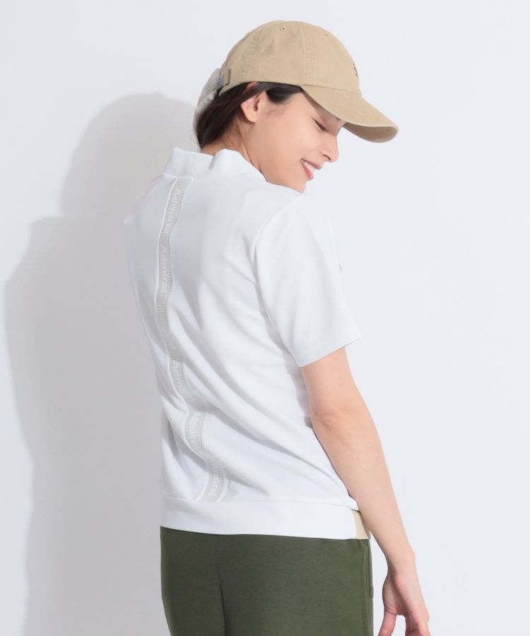 メッシュ調ロゴプリントモックネック半袖カットソー