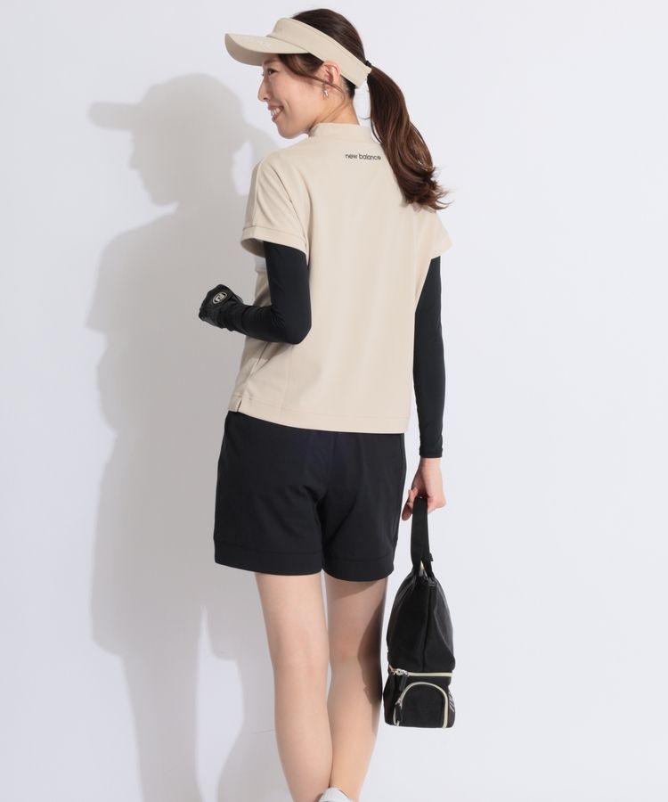 美品new balanceゴルフ、白モックネックと黒インナーパンツ一体型スカート 接触冷感 UV モックネック インナー プルオーバー (WOMENS