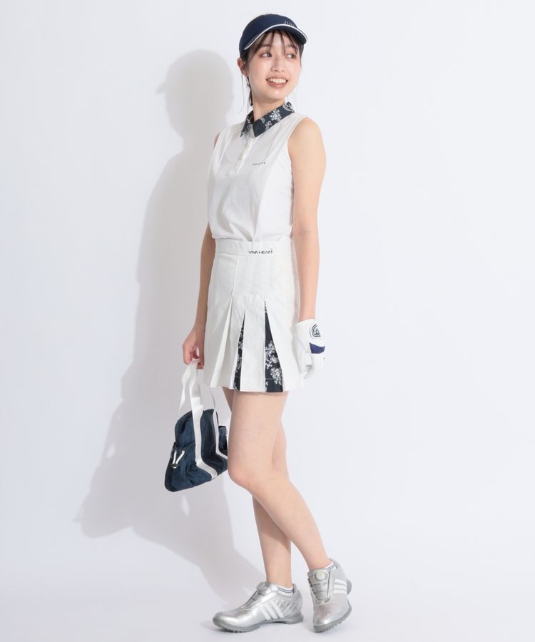 VIVAHEAT ホワイト ビバハート　アシメフラワープリーツツイルスカート ビバハート VH 【撥水4WAYストレッチ】アシメフラワープリーツツイル