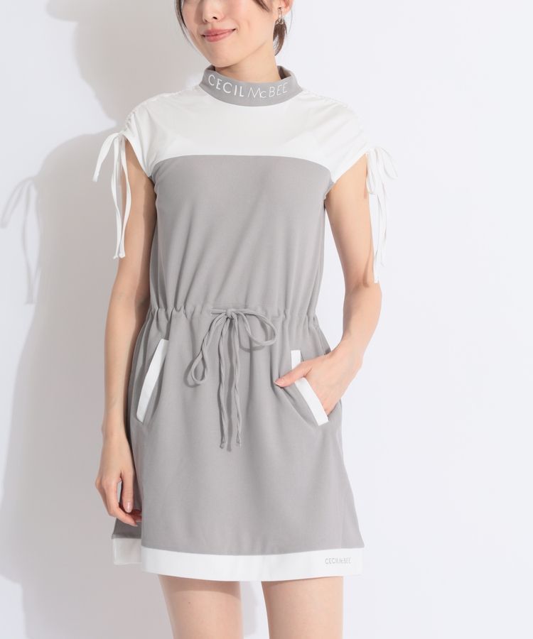 セシルマクビーグリーン CC シャーリングスリーブバイカラーワンピース