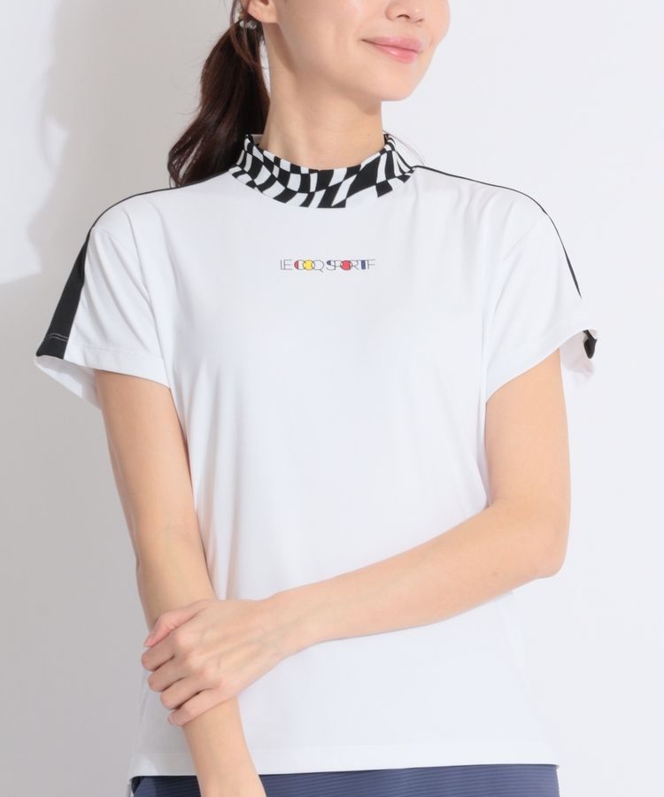 【吸汗速乾】ブロックチェック切替モックネック半袖カットソー