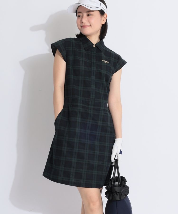 BEAMS GOLF ビームスゴルフ ポロ切替 ワンピース チェック柄 Mサイズ ビームスゴルフ BE 【ストレッチ】ウエスト切替フレンチスリーブ