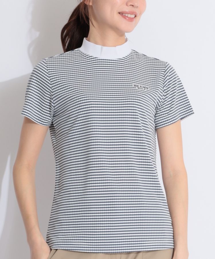 【ビームスゴルフ】人気ボーダー柄総柄×ロゴネーム 半袖ゴルフワンピースM ビームスゴルフ】人気ボーダー柄総柄×ロゴネーム 半袖ゴルフ