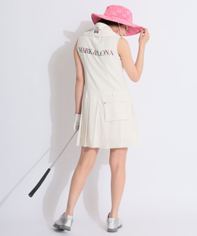 【マークアンドロナ】美品 セミプリーツワンピース ゴルフワンピース ホワイト S マーク＆ロナ ML プリーツ切替衿付きノースリーブワンピース
