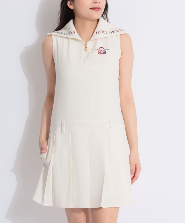 【マークアンドロナ】美品 セミプリーツワンピース ゴルフワンピース ホワイト S ワンピース 長袖 フリル レース ウエストマーク 可愛い 白