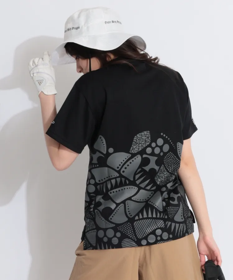 サイズ：2 DANCE WITH DRAGON ダンスウィズドラゴン  ハイネック 半袖ワンピース シアサッカー ヒョウ柄 レオパード ブラック系 [240101327436] ゴルフウェア レディース ストスト サイズ：2 DANCE WITH DRAGON ダンスウィズドラゴン ハイネック