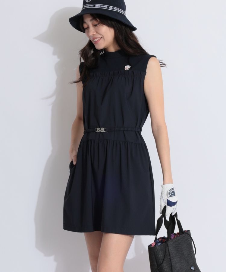 ARCHIVIO アルチビオ ノースリーブ　ワンピース　ロゴ　ゴルフ　ワッペン アルチビオ AR 【接触冷感】ベルト付きフリル切替ノースリーブ