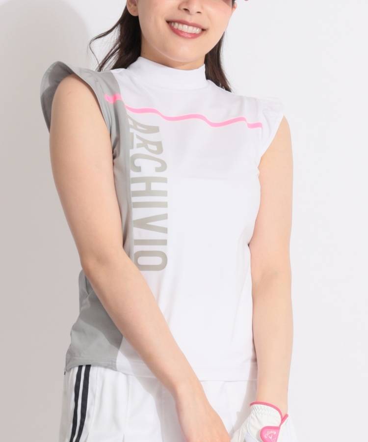 AR 【高ストレッチ】サイドロゴフリルスリーブモックネックカットソー