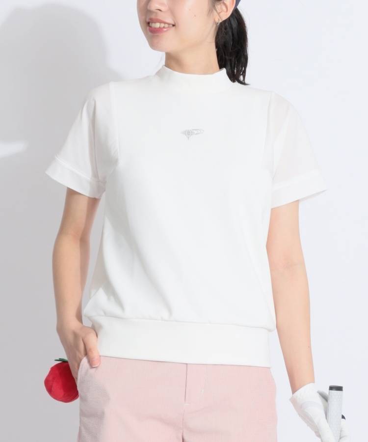 BE 【冷感ストレッチ】シアースリーブ切替モックネック半袖カットソー