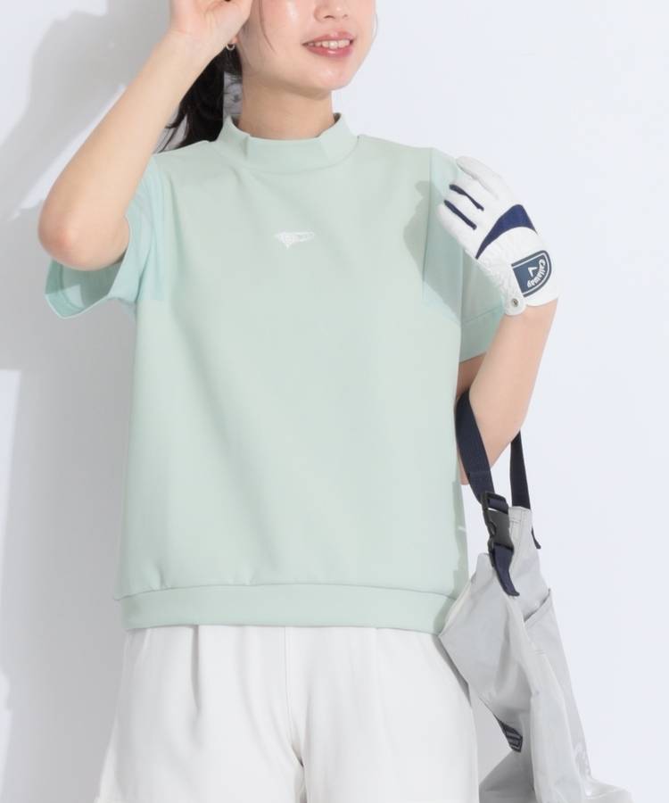BE 【冷感ストレッチ】シアースリーブ切替モックネック半袖カットソー